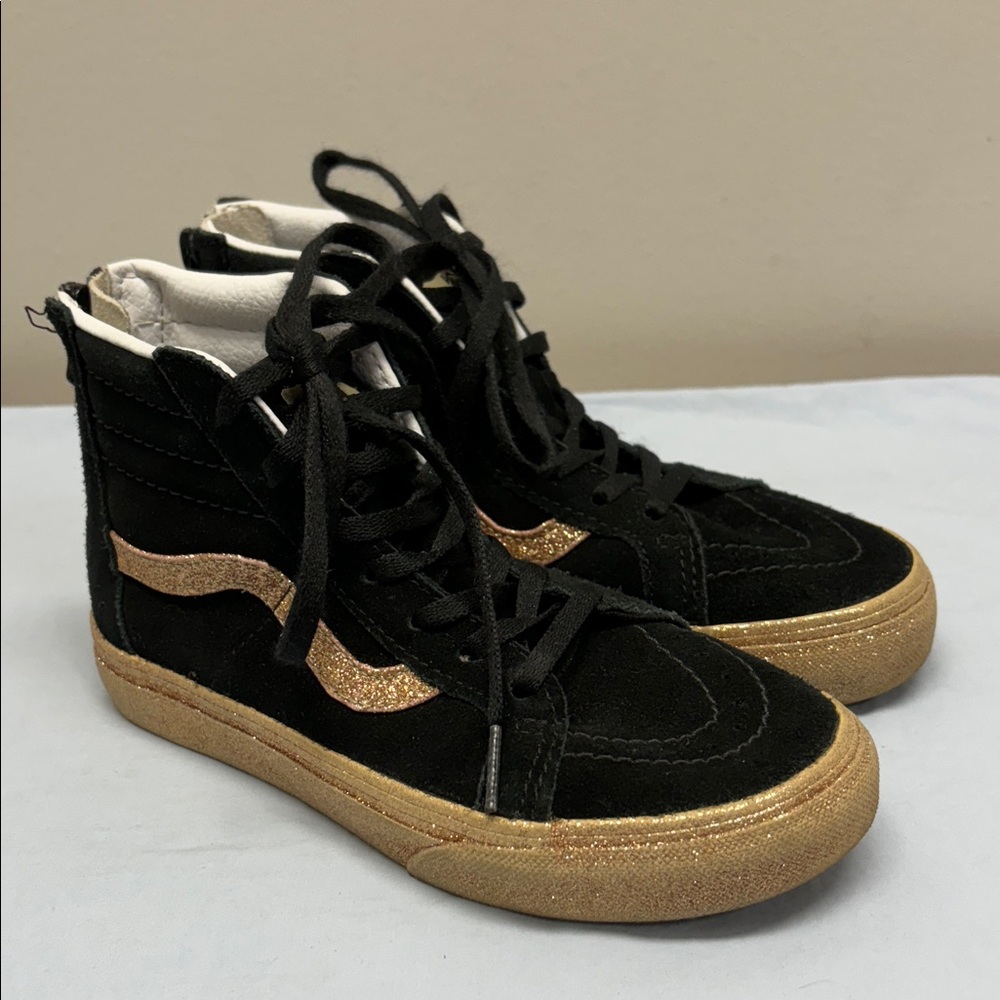 Vans Kids Sk8-Hi Skate Sneaker Shoes Party Glitter Black/Gold Back Zip SZ 1.5